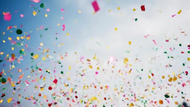 Colorful confetti falling against the sky during a festive outdoor celebration