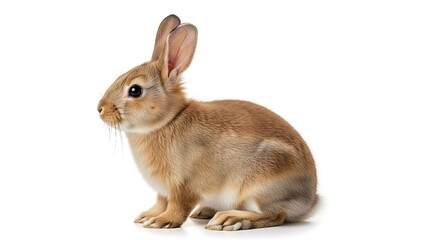 Obraz premium Isolated adorable tan rabbit looking left with long ears in sitting pose on seamless canvas