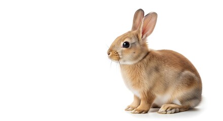 Obraz premium Isolated adorable tan rabbit looking left with long ears in sitting pose on seamless canvas