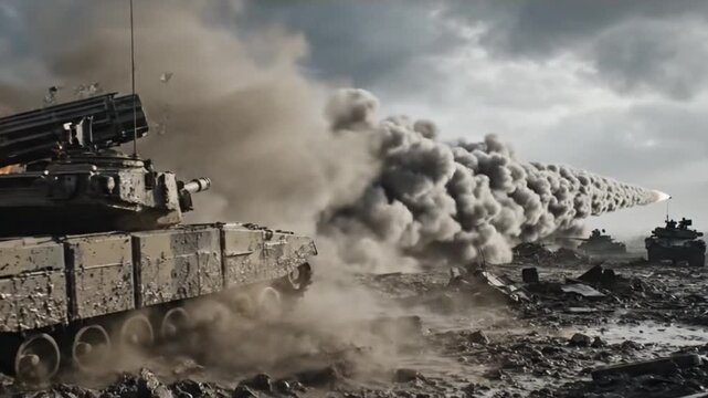 Military Tank Advancing in Battlefield Setting with Smoke and Ruins