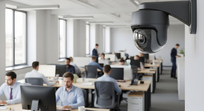 A surveillance camera in a modern office where people are working at their desks; a commercial office environment.