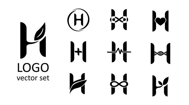 H bio logo set with leaf dna medical and eco symbols