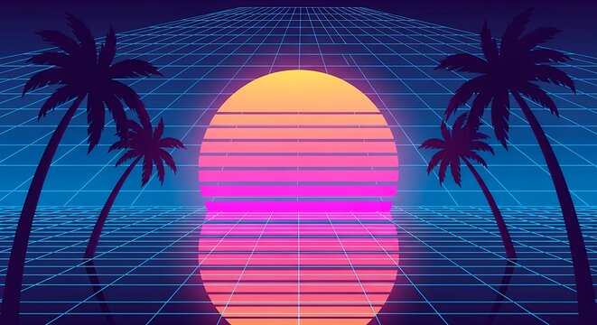 Retro-futuristic tropical sunset silhouette with palm trees against a digital grid backdrop and vibrant neon colors creating a nostalgic vibe
