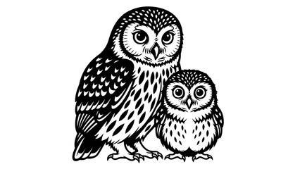 Fototapeta premium Adorable Owl Family Silhouette: Parent and Chick, Black and White Line Art