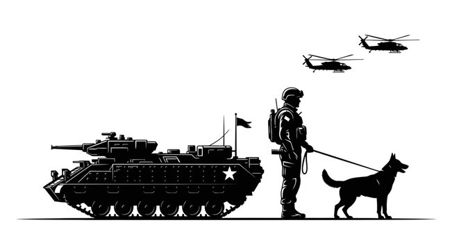 Military Soldier, K9 Unit, Armored Vehicle, and Helicopters in Silhouette