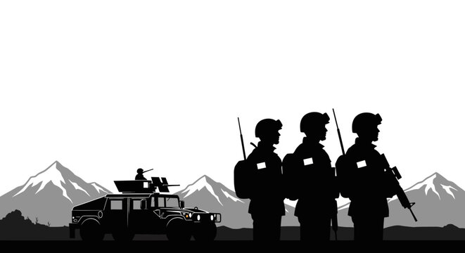 Military Soldiers and Humvee Silhouette Against Mountain Landscape