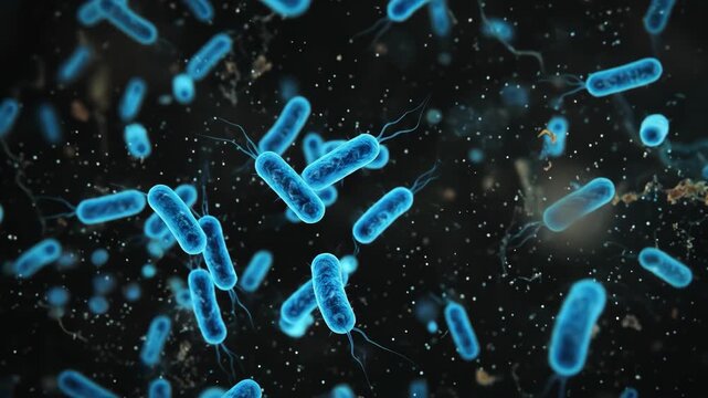 Blue Bacteria Swarm Microscopic Organisms on Dark Field.