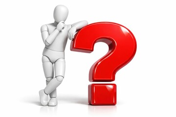 3D white mannequin character leaning on a large glossy red question mark, symbolizing doubt, inquiry, and problem-solving on a reflective white background