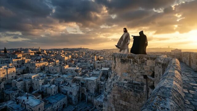 Jesus stands with devil on a high wall overlooking Jerusalem at sunset. Biblical temptation scene inspired by Christian theology. Messiah facing evil during dusk.