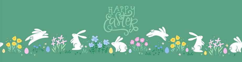 Obraz premium Cute hand drawn Easter seamless pattern with bunnies, flowers, easter eggs, beautiful background, great for Easter Cards, banner, textiles, wallpapers - vector design