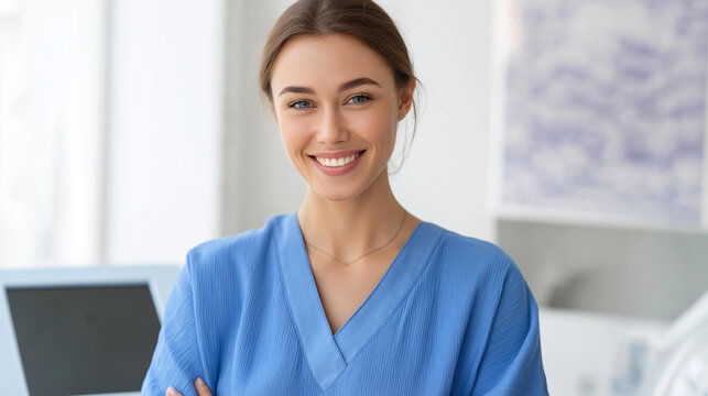 Smiling female cosmetologist with YAG laser, advanced beauty technology, professional aesthetic equipment, skincare treatment device, with copy space