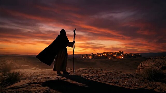 Man wearing robe as shepherd holding wooden staff standing on rocky hill overlooking ancient city at sunset. Biblical scene with religious theme and landscape.