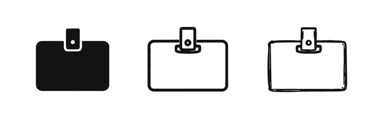 Obraz premium Name tag and identification badge icons set. Event pass, employee ID, and visitor access symbols in flat, outline, and hand-drawn styles.