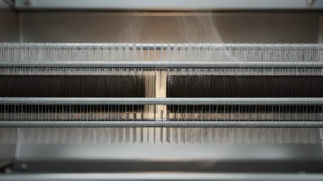 Medium shot of lowtow acrylic precursor fibers undergoing controlled oxidation process highlighting fine fiber detail and uniform stabilization before carbonization.