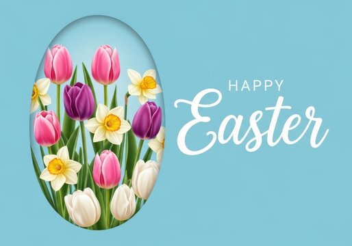 A colorful easter egg with flowers and the words happy easter