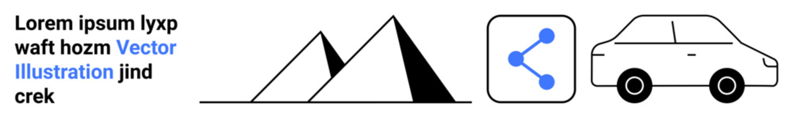 Technology, travel, sharing apps, transportation, minimalism, geometric design. Mountains, share icon and car. Technology and travel concepts by sharing icons and vehicles © robu_s