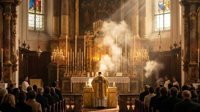 Priest celebrating catholic mass in a church with incense smoke filling the altar area. Congregation watching the religious ceremony with golden light rays beams.