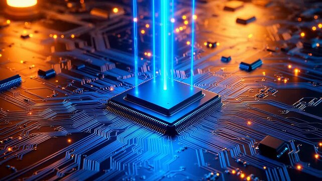 Circuit board with glowing blue lines