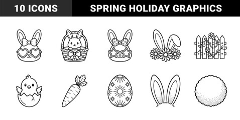 Fototapeta premium Easter holiday celebration elements featuring cute bunny heads with heart glasses and star sunglasses. Whimsical monoline line art for spring season scrapbooking and nursery decor.