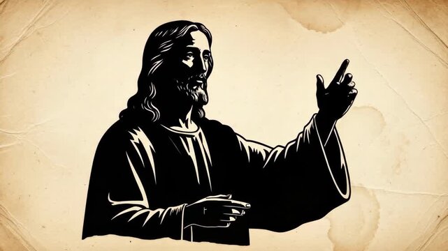 Jesus Christ silhouette with changing hand gestures on parchment background. Religious figure pointing and blessing. Christian spirituality and faith icon concept.