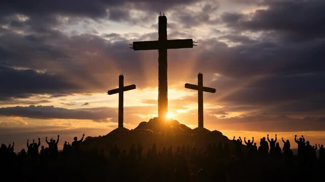 Silhouette of crowd gathering at hill with three crosses at sunset. Biblical story of crucifixion and resurrection of Jesus Christ. Catholic religious concept.