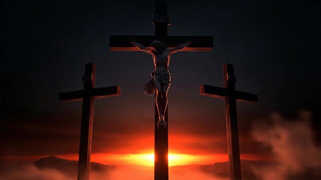Jesus Christ crucified on cross. Religious scene of salvation during sunset. Dramatic landscape with silhouettes of three crosses representing Calvary hill theme.