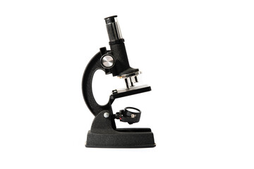Black microscope for biology and chemistry research, isolated on white background