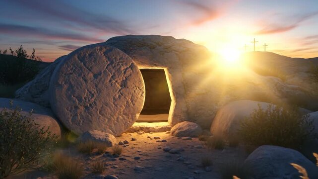 Empty tomb of Jesus Christ with a rolling stone at sunrise. Biblical scene of the resurrection featuring three crosses on the distant hill. Christian worship.