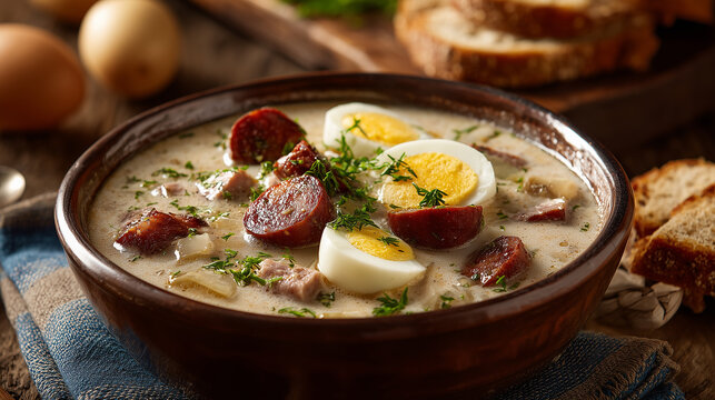 Warm bowl holds hearty soup with eggs, sausage, and herbs