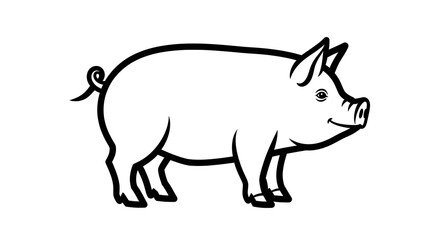 A black and white line drawing of a pig standing isolated on white background