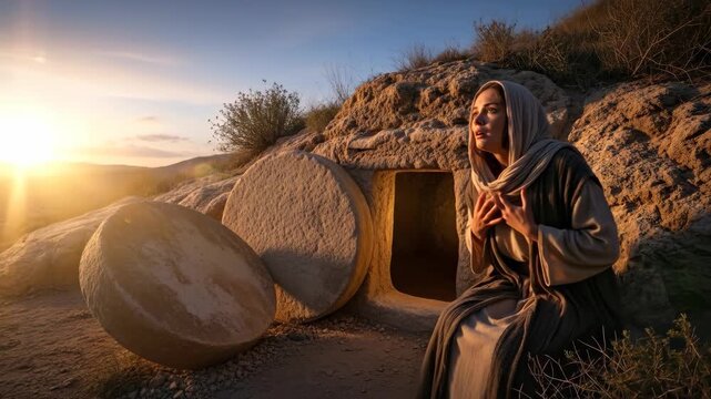 Woman wearing robe stands before the empty tomb of Jesus Christ at sunrise. Biblical scene of resurrection showing faith and religious devotion in desert nature.