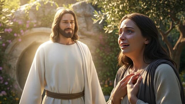 Jesus Christ appears to a weeping woman in a garden. Religious scene showing divine encounter with lady during Easter. Biblical narrative and spiritual miracle.