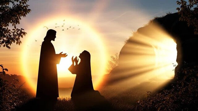 Jesus Christ appearing to a woman at sunrise. Silhouette of lady kneeling before savior by empty tomb. Resurrection resurrection concept of faith and miracle.
