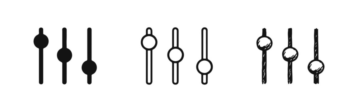 Equalizer mixer fader icon set for audio control and settings in solid, outline, and sketch styles. Adjustment sliders vector icons.