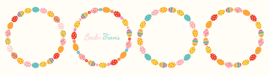 Colorful Easter eggs and flowers vector frames, cute round wreaths, spring borders for greeting cards and invitations © dollitude