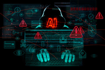 Obraz premium Artificial intelligence used for cyber attacks, showing AI as threat with malware code, alerts and digital interface over a hacker silhouette