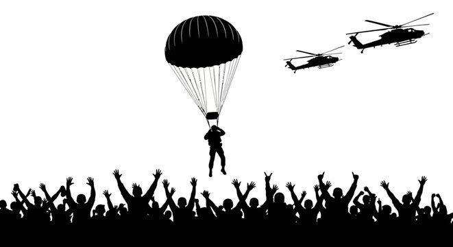 Paratrooper Jumps from Helicopter into Cheering Crowd Silhouette