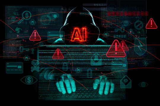 Artificial intelligence used for cyber attacks, showing AI as threat with malware code, alerts and digital interface over a hacker silhouette