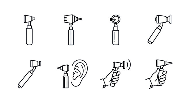 Otoscope Medical Examination Tool Line Art Icons Set.