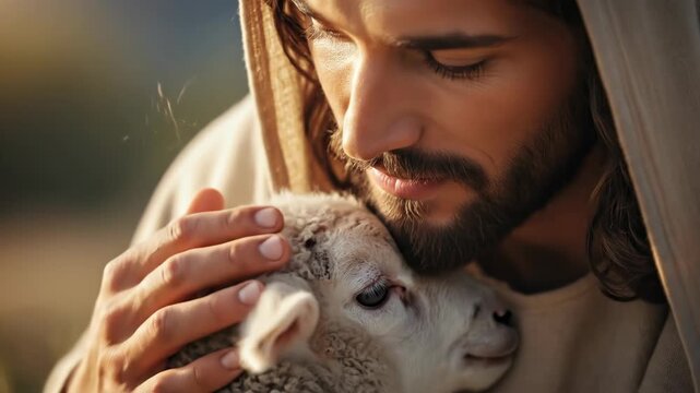 Jesus Christ holding and comforting a small white lamb. Religious scene depicting the good shepherd with sheep. Christian faith, divine love and mercy concept.