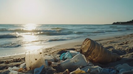 Plastic waste litters a beach with close-up detail under harsh sunlight, highlighting coastal pollution.