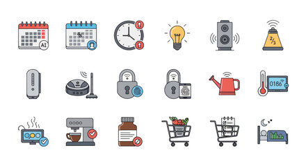 Collection of Smart Home and Lifestyle Icons with Notification Symbols.
