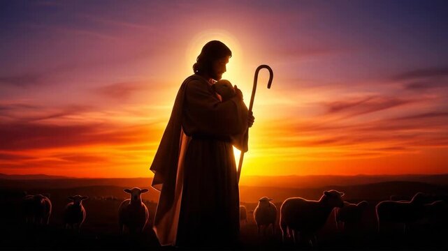 Jesus Christ as the good shepherd holding a lamb at sunset. Religious scene featuring a man with a staff and flock in a meadow. Biblical inspirational imagery.