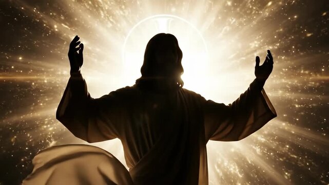 Jesus Christ standing with outstretched arms in glowing golden light. Divine silhouette of savior rising in grace. Catholic religious concept of resurrection.