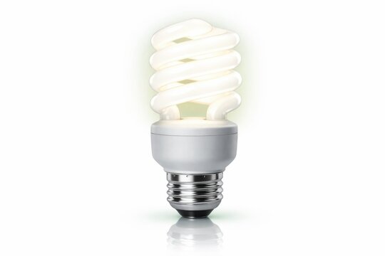 Energy efficient spiral light bulb, glowing compact fluorescent lamp on white background, eco friendly power saving lightbulb for green technology