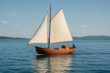 Fototapeta premium Vintage sailboat on serene waters.