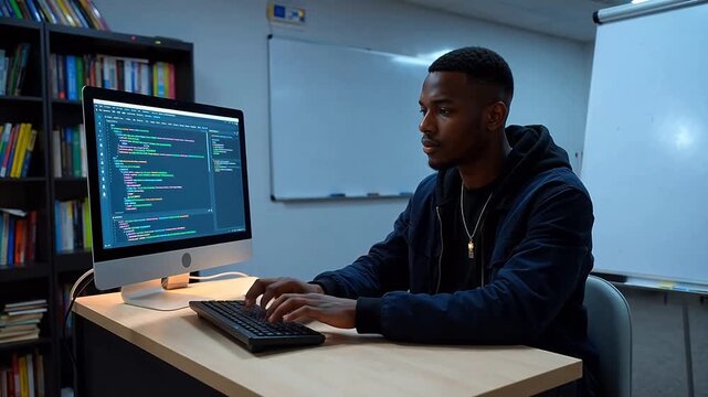 Man coding on computer in office