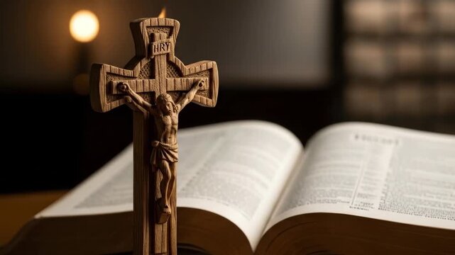 Wooden crucifix standing before an open holy bible. Religious symbol of Jesus Christ for christian worship and prayer. Sacred catholic tradition ritual concept.