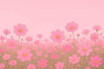 Pink cosmos flowers field illustration.