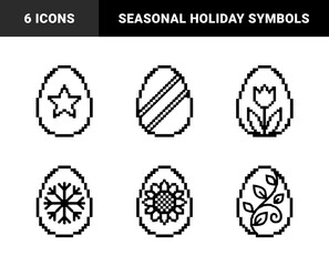 Naklejka premium Easter egg pixel art symbols for festive digital seasonal projects. Retro 8-bit aesthetic featuring floral, celestial, and geometric spring holiday patterns.